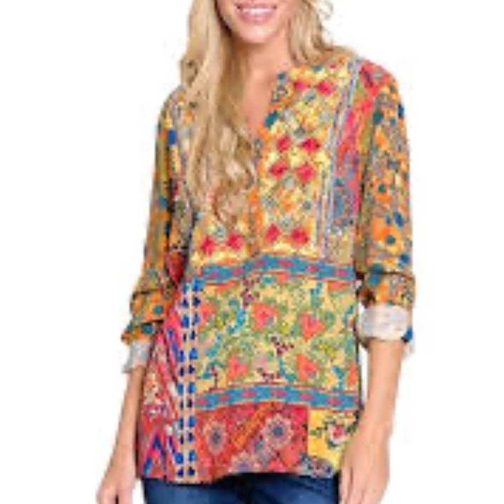 John Mark Women Yellow Patchwork Embroidered Yoke Roll Tab Sleeve Tunic Top L
